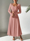 Autumn/Winter Fashion Women's A-Line Ribbed Knit Dress, V-Neck, Ruffled Hem, Solid Color, Polyester, Adult Size, 99080719