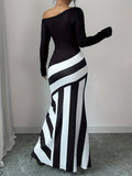 Elegant Women's Off-Shoulder Striped Maxi Dress - Chic Black & White Design with Ruffled Hem, Long Sleeves, Machine Washable, Polyester Blend