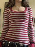 [Long Sleeve Striped Cotton T-Shirt] Y2K-Inspired Striped Cotton Blend T-Shirt for Women - Casual Long Sleeve, Round Neck Top with Mid-Stretch Fabric