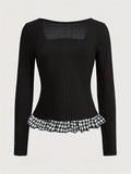 [Slim Contrast Plaid Button T-Shirt] Contrast Plaid Button Slim T-Shirt, Chic Long Sleeve T-Shirt For Spring & Fall, Women's Clothing