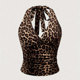 [Slim Fit Backless Crop Top] Leopard Print Halter Neck Top, Sexy Backless Slim Fit Crop Top For Spring & Summer, Women's Clothing