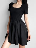 Black Square Neck Short Sleeve Dress