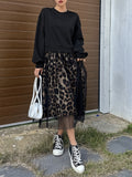 [Leopard Print Crew Neck Dress] Leopard Print Crew Neck Dress, Elegant Long Sleeve Mesh Stitching A-line Dress for Spring & Fall, Women's Clothing
