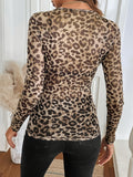 Elegant Women's Leopard Print Mesh T-Shirt - Long Sleeve, Stretch Fit, Crew Neck, Semi-Sheer Polyester - Ideal for Spring & Autumn