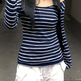 Japanese and Korean Special Targeted Elegant Basic Large Round Neck Slimming Long Sleeve Striped Top