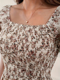 Elegant Women's Floral Print Dress - Square Neckline, Short Sleeve, A-Line Silhouette, Polyester, Machine Washable, Perfect for All Seasons