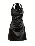 Sexy Satin Cowl Neck Halter Dress - Backless Mini Dress for Evening Party - Women's Clothing