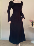 Long Sleeve 3D Floral Off-Shoulder Knit Dress - Solid Color, Regular Fit, A-Line, Winter Fashion, Sweater Knit Fabric