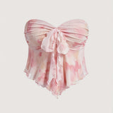 [Floral Knotted Tube Top] Floral Print Knotted Front Tube Top, Vacation Style Strapless Hanky Hem Top For Spring & Summer, Women's Clothing
