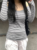 Japanese and Korean Special Targeted Elegant Basic Large Round Neck Slimming Long Sleeve Striped Top