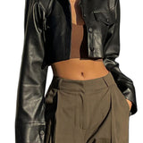 Chic Women's Faux Leather Jacket - Solid Color, Button-Up, Long Sleeve, Casual Style with Flap Pockets | Non-Sheer, Spring/Fall Fashion Outerwear