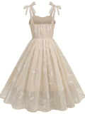 New Women'S Embroidered Mesh Tie-Up Dress