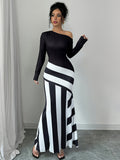 Elegant Women's Off-Shoulder Striped Maxi Dress - Chic Black & White Design with Ruffled Hem, Long Sleeves, Machine Washable, Polyester Blend