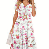 [Tropical Leaf Print V-Neck Dress] Navy Blue Tropical Leaf Print V-Neck Short Sleeve Midi Dress - Fitted Bodice, Flared Skirt, Polyester Blend, with Belt and Pockets, Perfect for Spring/Summer Casual or Tea Church Outfits