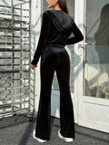 Casual Solid Color Slim Fit Two-piece Pants Set, Long Sleeve Zipper Front Top & Skinny High Waist Pants Outfits, Women's Clothing