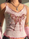 Butterfly Print Tie Shoulder Top, Y2K Sleeveless Crop Cami Top for Spring & Summer, Women's Clothing, Sexy Retro, Flower, Wood Ear, Suspenders