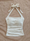 Women's Chic White Knitted Halter Tank Top | Backless & Machine Washable | Textured Bodycon Design with Bow Detail | Perfect for Vacation & Casual Attire