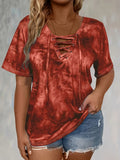 Women'S Plus Size Tie Dye Print Short Sleeve T-Shirt, Casual Loose Fit Tee with Lace-Up Drape Neck, Polyester 95% Spandex 5% Knit Fabric, Medium Stretch, Spring/Summer Pullovers, 175g/m² - Purple
