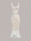 Dreamy Two-piece White Lace Women's Suit - Vest and Fish Tail Skirt