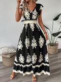 [100% Polyester V-Neck Midi Dress] Spring/Summer Floral Print V-Neck Dress with Flutter Sleeves and Waist Cinch, A-Line Midi, 100% Polyester - Machine Washable, Fly Fly Sleeves, A-Line voguable