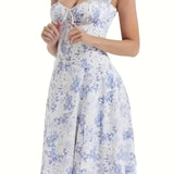 [Trendy Ruched Tie Front Cami Dress] Milkmaid Dress, Ditsy Floral Dress, Corseted Dress, Midriff Waist Shaper, Trendy Women's Ruched Tie Front Split Thigh Cami Dress Sleeveless Womenswear Comfortable