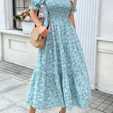 Elegant For Spring & Summer Midi Dress, Floral Print Shirred Bust Square Neck A-line Dress With Puff Sleeve, Women's Clothing