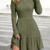 Long Sleeve Ruffle Hem Ribbed A-line Dress, Casual Crew Neck Solid Color Dress For Spring & Fall, Women's Clothing