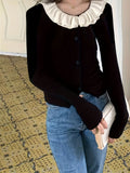 Women's 2024 New French Chic Ruffle Collar Knit Sweater, Slim Fit, Viscose Blend, Spring/Autumn, Contrast Color, Open Front Cardigan