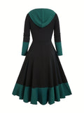 Long Sleeve Color Block Hooded Dress for Women - Asymmetrical Hem, Machine Washable, Perfect for Spring & Fall