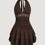 Elegant Brown Halter Neck Dress for Women - Polyester, Machine Washable, Deep V-Neck, Floral Detail, Double-Layer Ruffled Skirt | Perfect for Summer