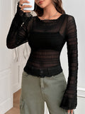 Solid Textured Mesh Slim T-Shirt, Casual Long Sleeve T-Shirt For Spring & Fall, Women's Clothing