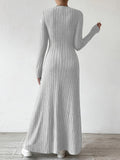 Elegant Solid Color V-Neck Knit Long Sleeve A-Line Dress - Ribbed Texture, Machine Washable, Polyester - Chic Middle Eastern Style for Fall, Elegant Long Sleeve Knit Dress