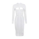 Women Bodycon Bandage Dress White Long Sleeve Hollow Out Club Dress Vestidos Celebrity Evening Party Midi Dress