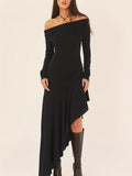Elegant Ruffled Off Shoulder Long Sleeve Dress - Women's Backless Asymmetrical Slim Fit Dresses with Ruffle Hem - Perfect for Formal Occasions and Date Nights