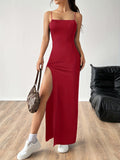 Solid Color Split Cami Dress, Elegant Sleeveless Bodycon Maxi Dress For Spring & Summer, Women's Clothing