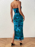 Elegant Strapless Bodycon Floral Print Tube Dress - Ruched, Split, Club & Party Wear for Women