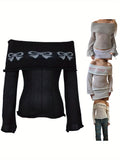 Unique Grey Off-Shoulder Sweater - Chic Boat Neck Long Slim-Fit Knit Top with Bow Detail, Machine Washable, Casual Style for Spring/Fall, Classic Leisure Sweater for Ladies