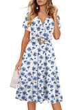 [Tropical Leaf Print V-Neck Dress] Navy Blue Tropical Leaf Print V-Neck Short Sleeve Midi Dress - Fitted Bodice, Flared Skirt, Polyester Blend, with Belt and Pockets, Perfect for Spring/Summer Casual or Tea Church Outfits