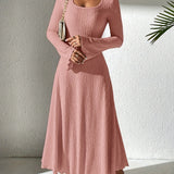 Autumn/Winter Fashion Women's A-Line Ribbed Knit Dress, V-Neck, Ruffled Hem, Solid Color, Polyester, Adult Size, 99080719