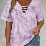 Women'S Plus Size Tie Dye Print Short Sleeve T-Shirt, Casual Loose Fit Tee with Lace-Up Drape Neck, Polyester 95% Spandex 5% Knit Fabric, Medium Stretch, Spring/Summer Pullovers, 175g/m² - Purple