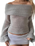 Unique Grey Off-Shoulder Sweater - Chic Boat Neck Long Slim-Fit Knit Top with Bow Detail, Machine Washable, Casual Style for Spring/Fall, Classic Leisure Sweater for Ladies