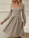 Elegant Square Neck A-Line Long Sleeve Dress - Women's Slim Fit Dresses for Spring & Fall - Chic, Comfortable, and Versatile Clothing for Ladies