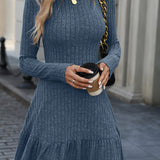 Long Sleeve Ruffle Hem Ribbed A-line Dress, Casual Crew Neck Solid Color Dress For Spring & Fall, Women's Clothing