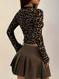Women'S Elegant Leopard Print V-Neck Top with Lace Trim, Polyester Knit Fabric with Elastane, Fall/Winter Collection