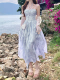 French Style First Love Cherry Blossom Pink Tie-Dye Suspender Dress Vacation Style Fairy Style Gradient Dyeing Women's Summer Floral Irregular Hem Vacation Long Dress
