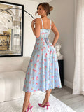 Vintage Floral Print Square Neck Sleeveless Midi Dress with Adjustable Thin Straps & Front Zipper, Light Purple Floral Design, Backless Detail - Perfect for Spring/Summer/Fall, Casual Summer Dress | Vintage Floral Dress | Ruf