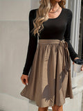 [Color Block Belted Crew Dress] ZAFUL Color Block Crew Neck Belted Dress, Elegant Long Sleeve A Line Dress For Spring & Fall, Women's Clothing