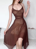 Vintage Brown Halter Neck Mesh Dress