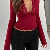 Women's Elegant Red Lace-Trimmed V-Neck T-Shirt - Long Sleeve, High Stretch Polyester, Perfect for Layering Under Sweaters and Jackets, Machine Washable