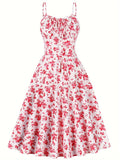 Summer 100% Polyester Vintage Floral Dress for Women - Spaghetti Strap A-Line Pendulum Style with Faux Drawstring Detail, Ideal for Parties and Casual Wear